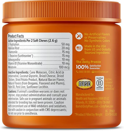 Zesty Paws Calming Chews for Cats - Composure & Relaxation for Everyday Stress & Separation - with Ashwagandha, Organic Chamomile, L-Theanine & L-Tryptophan – Bacon - 60 Count - Cat