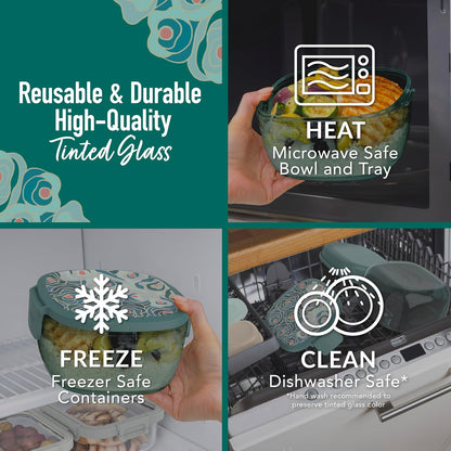 Bentgo Glass Prints All-in-One Salad Container - 61oz Tinted Glass Salad Bowl with Lid, Bento-Style Tray, Sauce Container, & Reusable Fork - Dishwasher & Microwave Safe (Floral Maximalist - Sea)