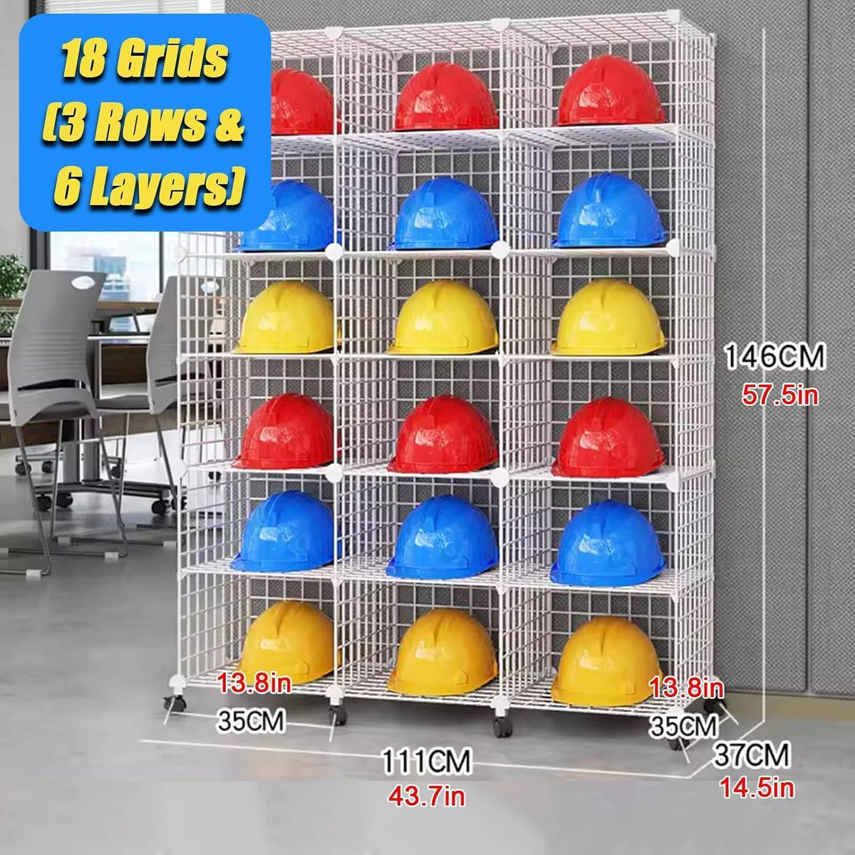 Stackable Safety Helmet Storage Boxes, Large Adjustable Hard Hat Placement Organizer Rack,with Wheels,for Construction Site/Garage/Workshop/Factory Helmet Display Shelf (White, 18 Grids-3 * 6)