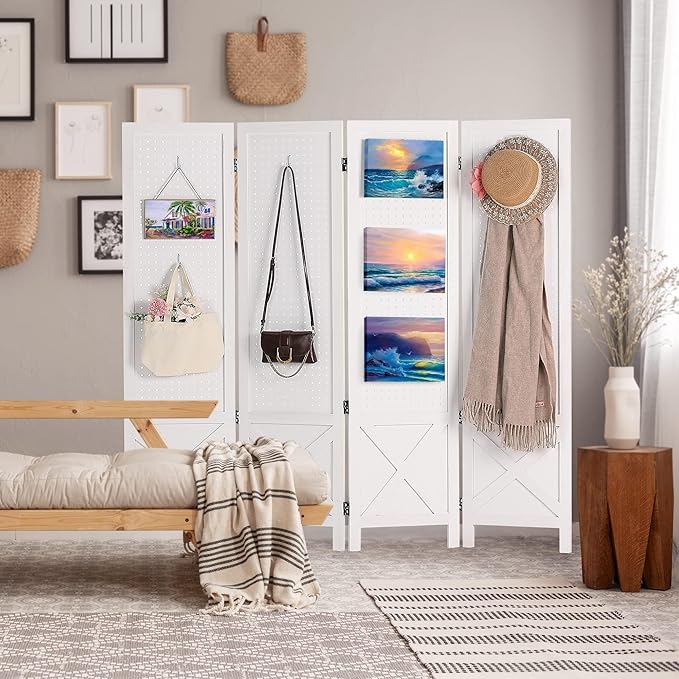 Wnutrees 4 Panel Pegboard Display, 5 Ft Wood Folding Privacy Screens Room