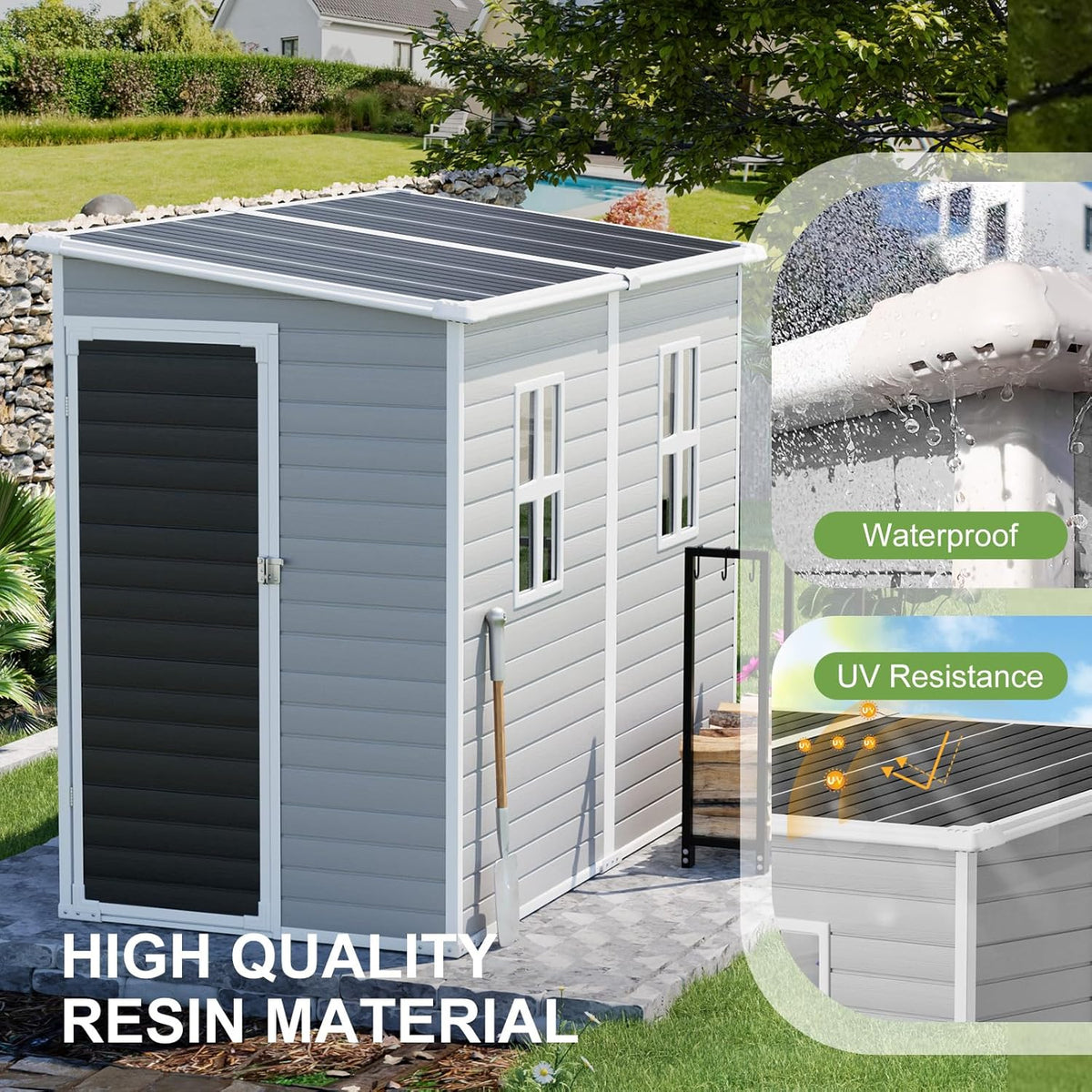 8x4x6 FT Resin Lean to Shed, Waterproof Outdoor Storage Shed with Floor, Window, Lockable Door & 2 Windows, Tool Shed for Patio Garden, Lawn, Backyard, Dove Grey