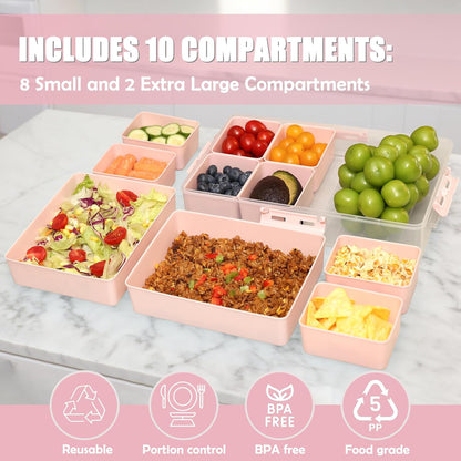 Snackle Box Container - 10 Compartments Including 2 XL, Dishwasher & Microwave Safe, Divided Serving Tray with Lid and Handle, BPA-Free, snack box (1 PCS, Pink, 1 Box with 2 XL Compartments)