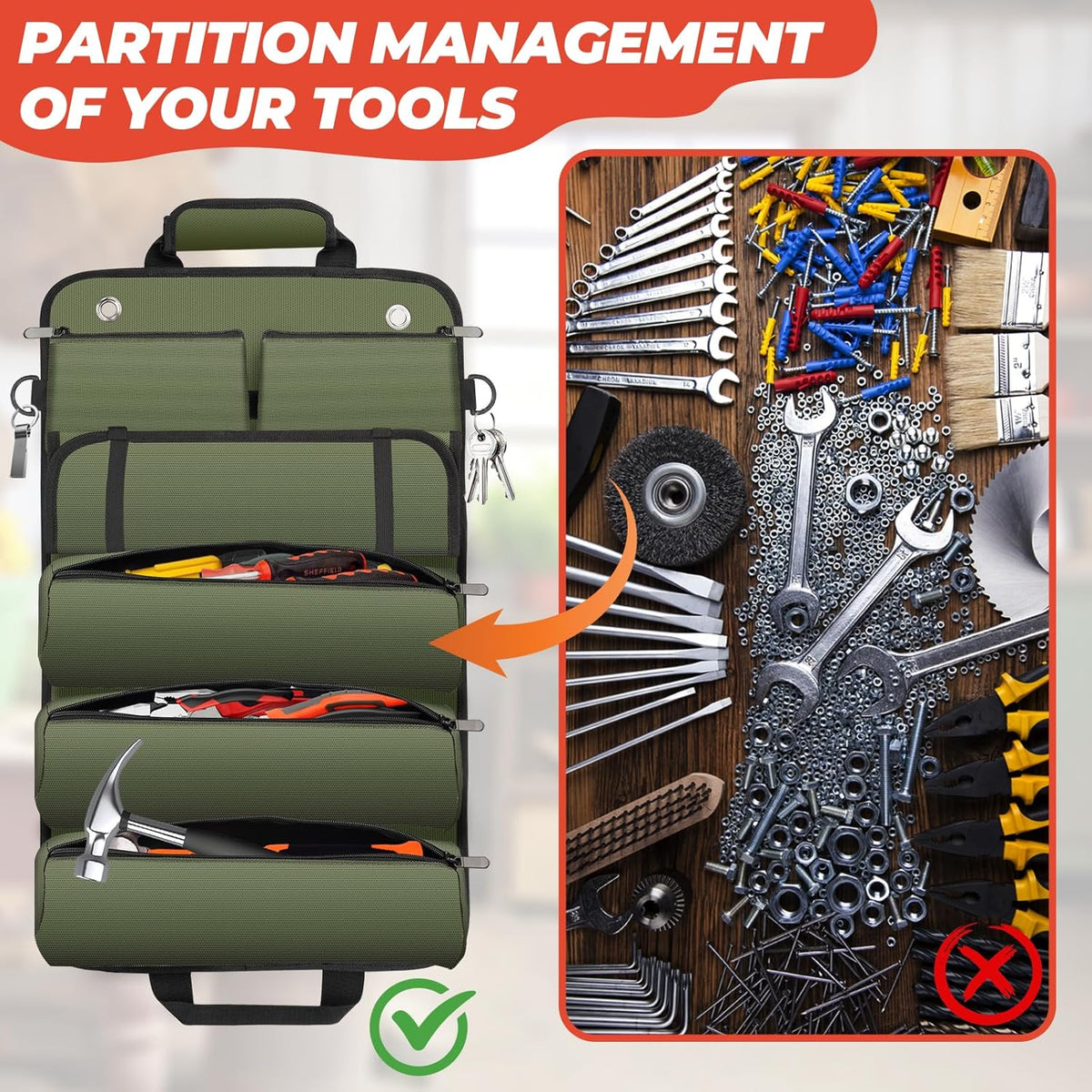 Tool Roll Up Bag, Gifts for Men Dad Husband Him, 1680D Portable Tool Storage for Men, Heavy Duty Tool Organizer with Detachable Pouches&Wrench Roll for Mechanic
