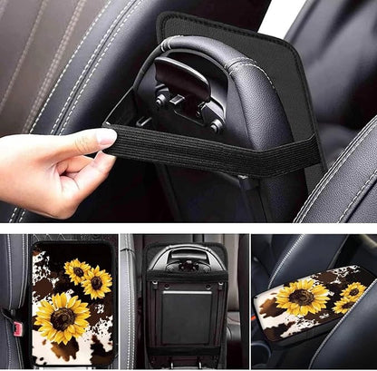 Dreaweet Sunflower Brown Cow Print Center Console Cover Cute Car Accessories for Women Car Armrest Cover Cushion Soft Comfy Car Arm Rest Cover Pad Universal for Most Vehicles