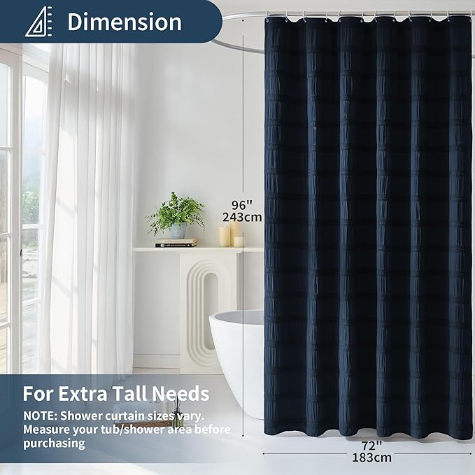 Lameirose Extra Long Navy Blue Shower Curtain Farmhouse,72 x 96 Cotton Blend Waffle Tufted Striped Chic Textured Fabric Shower Curtain for Bathroom, Hotel