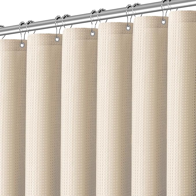 PANGSINNE Beige Fabric Shower Curtain - Waffle Textured Heavy Duty Shower Curtains for Bathroom, 256GSM Hotel Spa Luxury Weighted Bath Curtain with 12 Hooks, 72x72, Beige