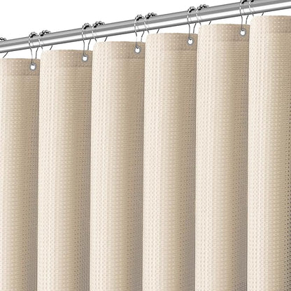 PANGSINNE Beige Fabric Shower Curtain - Waffle Textured Heavy Duty Shower Curtains for Bathroom, 256GSM Hotel Spa Luxury Weighted Bath Curtain with 12 Hooks, 72x72, Beige