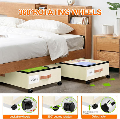 Under Bed Storage with Wheels, 2 Pack Under Bed Storage Containers with Dividers & Clear Lids, Under the bed storage Organizer Bins,Underbed Storage with Wheels for Clothes,Toys,Shoes (White, 2 Pack)