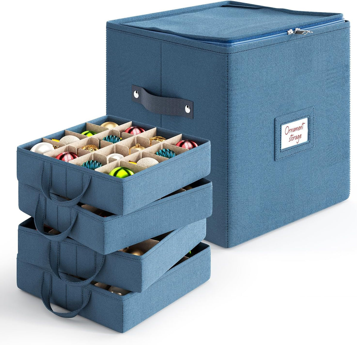 Hearth & Harbor Christmas Ornament Storage Box With 4 Inner Tray Dividers - Non-Woven Ornament Storage Container For 64 Holiday Ornaments or Decorations