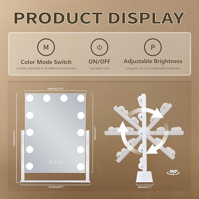Vanity Makeup Mirror with Lights, 3 Color Lighting Modes Detachable 10X