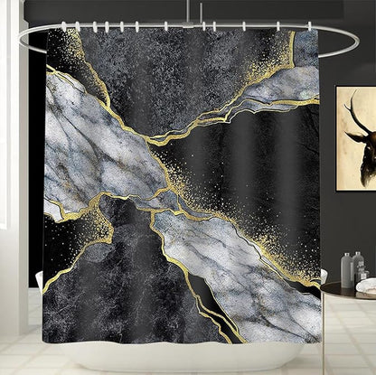 Domoku Marble Waterproof Shower Curtain with Hooks, Machine Washable Easy-Care Fabric Bathroom Curtain for Tub or Shower (Black, 72" W x84 L)
