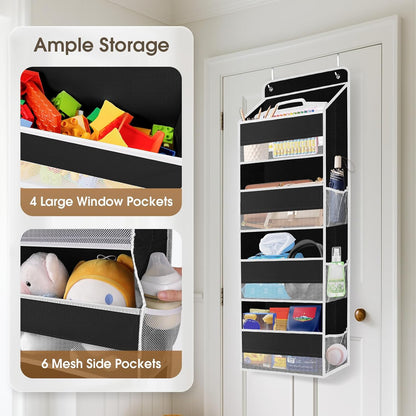 2 Pack Over The Door Organizer, Hanging Storage Organizer with Clear Window, 40lb Ultra Sturdy Large Capacity Room Organizer for Pantry Laundry Bathroom Nursery Closet (Black)