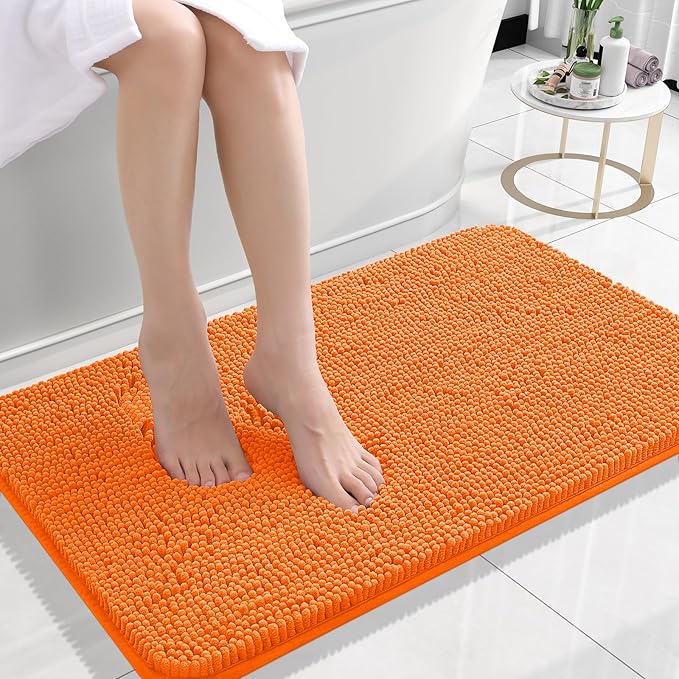 OLANLY Bathroom Rugs 24x16, Extra Soft Absorbent Chenille Bath Rugs, Rubber Backing Quick Dry, Machine Washable Bath Mats for Bathroom Floor, Tub and Shower, Home Decor Accessories, Orange