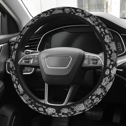 Cute Steering Wheel Cover for Women, Machine Washable Universal 14.5-15.5 inch Non-Slip Grip All Weather Use (Black White Rose)