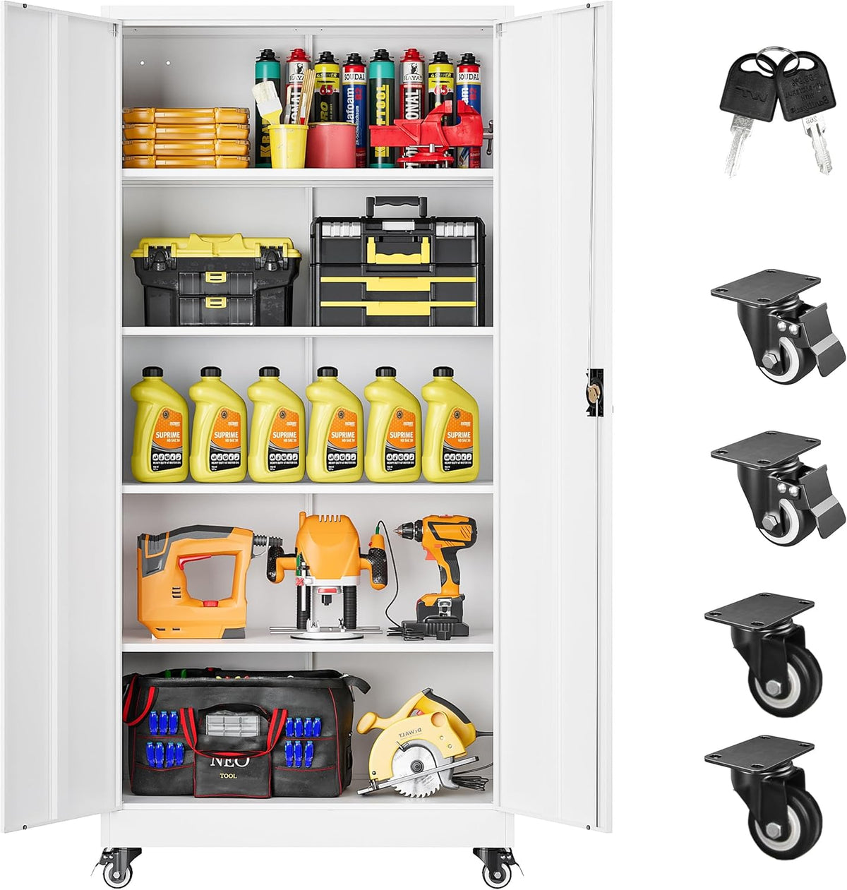 SISESOL 75" Tall Metal Storage Cabinet with Wheels,Rolling Garage Storage Cabinet with Lock,White Metal Cabinets with Wheels and Shelves,Tool Cabinets on Roller for Garage,Home,Office,Shop