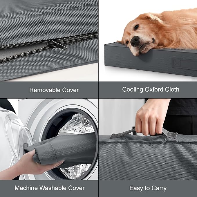 Tail Stories Outdoor Large Washable Dog Bed, Orthopedic Egg Crate Foam Dog Crate Mat for Large Dogs with Removable Oxford Cooling Cover, Grey