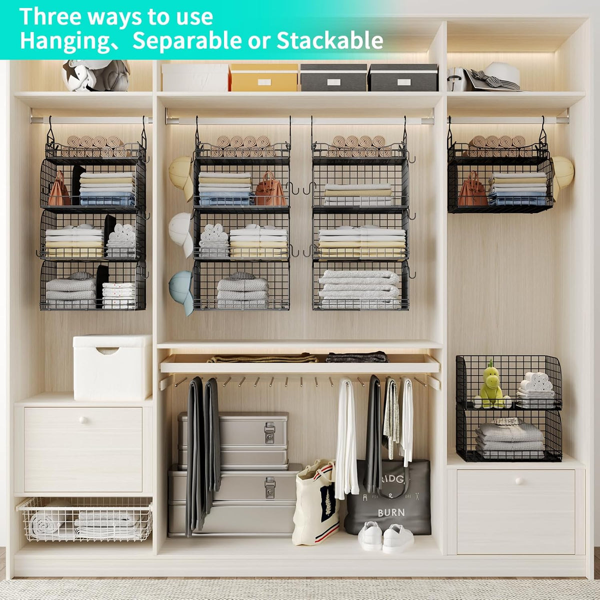 HapiRm Hanging Closet Organizer Storage - 4 Tier Metal Stackable Hanging Closet Shelves with Dividers and S Hooks, Foldable Clothes Shelves for Clothes, Pants, Shoes, Coat, Hats Clutches Accessories