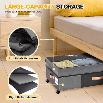 Under Bed Storage with Wheels, 2 Packs XXL Underbed Organizer with Lid, 10'' Adjustable Height Shoes Containers Clothes Rolling Bin for Bedroom Dorm, Grey