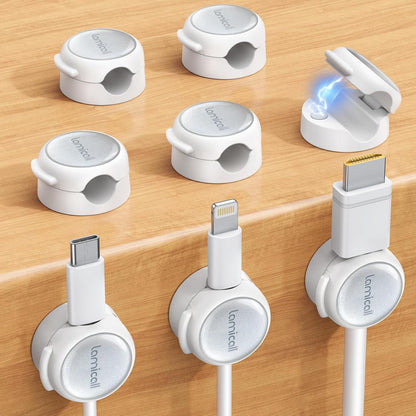 Magnetic Cable Clips Cord Organizer - Lamicall 8Pack [Crystal-Clear & Silver Shine] Cable Management Holder for Phone Charging Cord, Strong Adhesive for Nightstand, Home Office Desk Decor Accessories