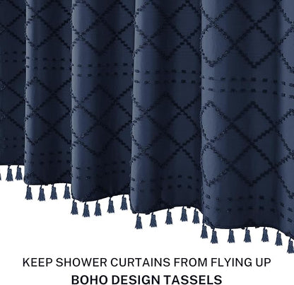 Siiluminisoy Extra Long Boho Farmhouse Shower Curtain, 72 x 78 Tufted Chevron Textured Striped Modern Minimalist Navy Blue Fabric Shower Curtain for Bathroom
