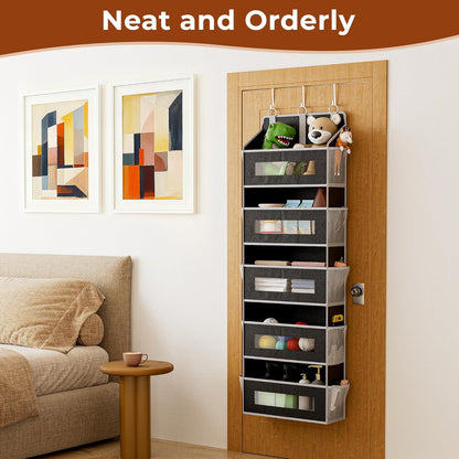 2 Packs 5-Tier Over the Door Storage Organizer with 10 Side Mesh Pockets, 48 lbs Load Capacity, 3 Hooks Design, Hanging Organizer with Clear Windows for Bathroom, Bedroom, Nursery, Kitchen-Black