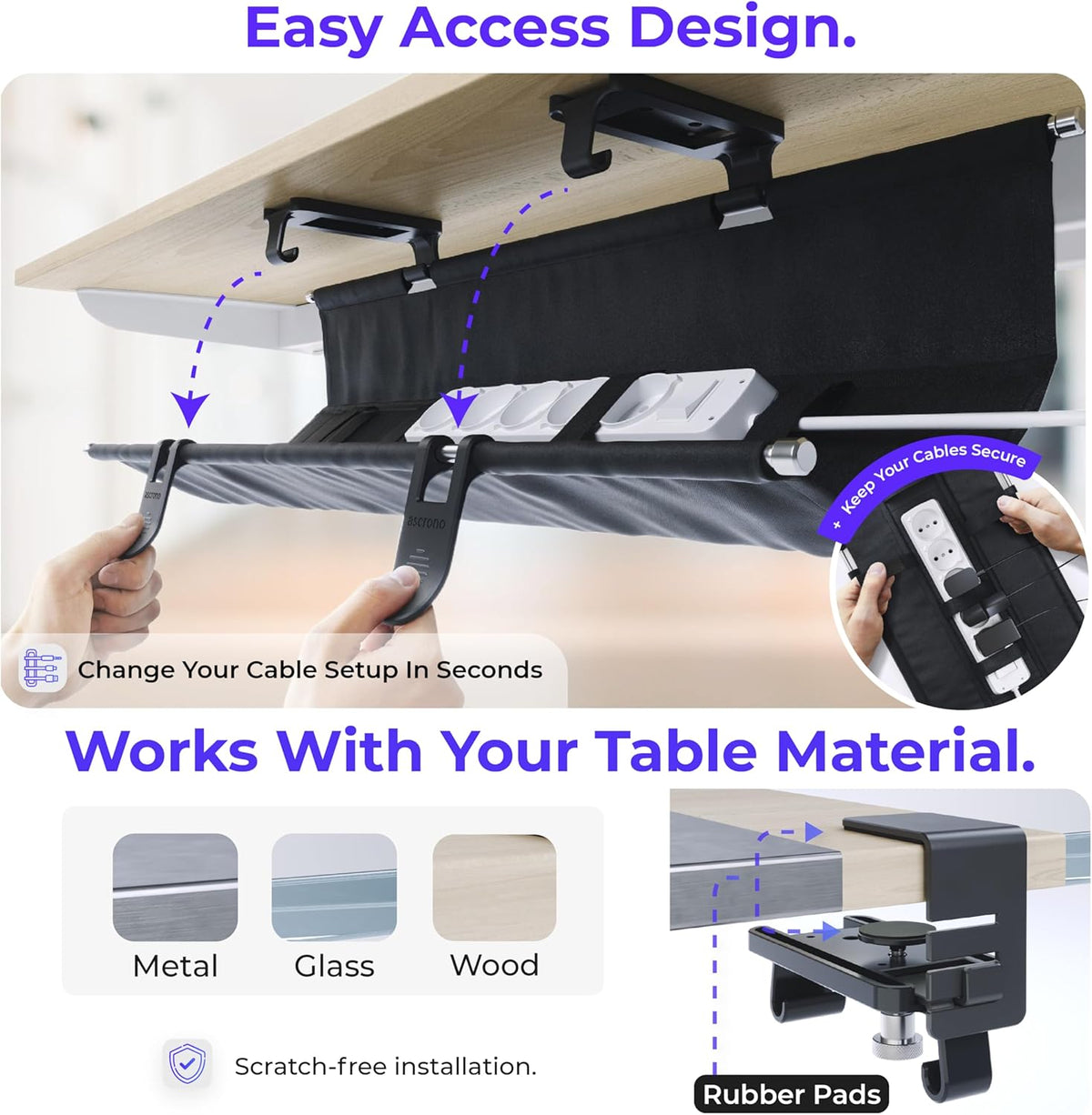 Ascrono Original No Drill Under Desk Cable Management Tray 14.1" - Premium Black Fabric Cable Management Under Desk - Clamp/Screw Mount Cord Organizer - Supports Upto 66lbs