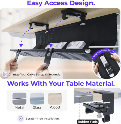 Ascrono Original No Drill Under Desk Cable Management Tray 14.1" - Premium Black Fabric Cable Management Under Desk - Clamp/Screw Mount Cord Organizer - Supports Upto 66lbs