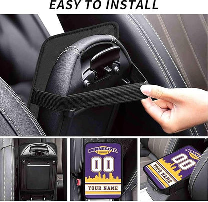 Custom Minnesota Car Armrest Covers Personalized Football Style with Name Number Customized Auto Center Console Pad Car Handrail Box Cushion for Most Vehicle Decor Accessories, Fans Gift