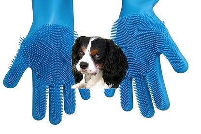 Tesmarks Pet Grooming Gloves - Hair Removal, Massage, and Bathing Shampoo Gloves in Blue