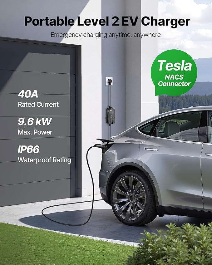 VEVOR Level 2 Tesla Charger, 40 Amp Adjustable Current, 240V Portable Home