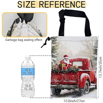 Santa Claus on Red Truck Car Trash Bag, Hanging Drawstring Car Garbage Bag,Canvas Car Back Seat Organizer with Adjustable Buckle for Men and Women