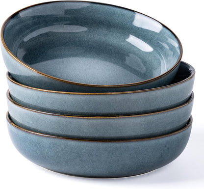 GBHOME 9'' Large Ceramic Pasta Bowls, 38oz Stoneware Pasta Serving Bowls Set of 4 for Kitchen, Wide Bowls for Fruit,Pasta,Salad,Oatmeal,Meal, Microwave Safe, Reactive Glaze-Space Blue
