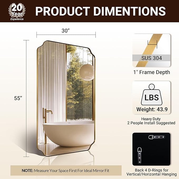 ANDY STAR 30"x55" Large Bathroom Mirror, Brushed Brass Full Length Wall Mirror