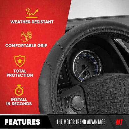 Motor Trend GripDrive Faux Black Leather Steering Wheel Cover for Car Truck Van SUV, Small 14 inch Size, Solid Black Stitched Car Steering Wheel Cover Vehicle & Auto Accessories