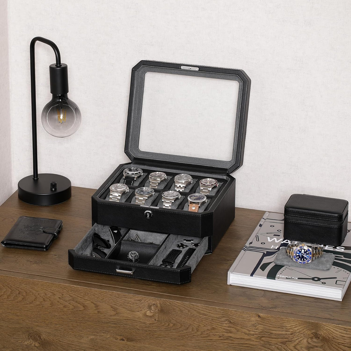 ROTHWELL 8 Slot Leather Watch Box with Valet Drawer - Luxury Case Display Jewelry Organizer, Locking Display Case Holder, Real Glass Top - Watch Box Organizer for Men & Women (Black/Grey)