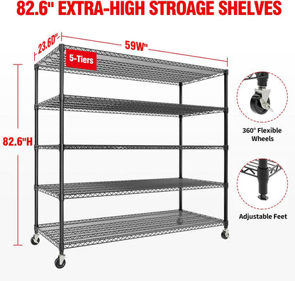 82" H Storage Shelves 3300LBS Heavy Duty Shelving Unit with Wheels & Feet, 5-Tiers Garage Shelving for Pantry Garage Kitchen Home Commercia, 82.6" H x 59" W x 23.9" D