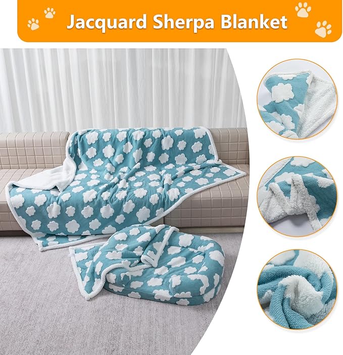 Maidewow Waterproof Pet Blanket for Dogs,Blue Stylish Jacquard Pets Blankets for Cat 85x85in Bed Couch Covers Puppy Sharpa Fleece Cats Washable Reversible Furniture Protection (Blue Cloud,XXL)
