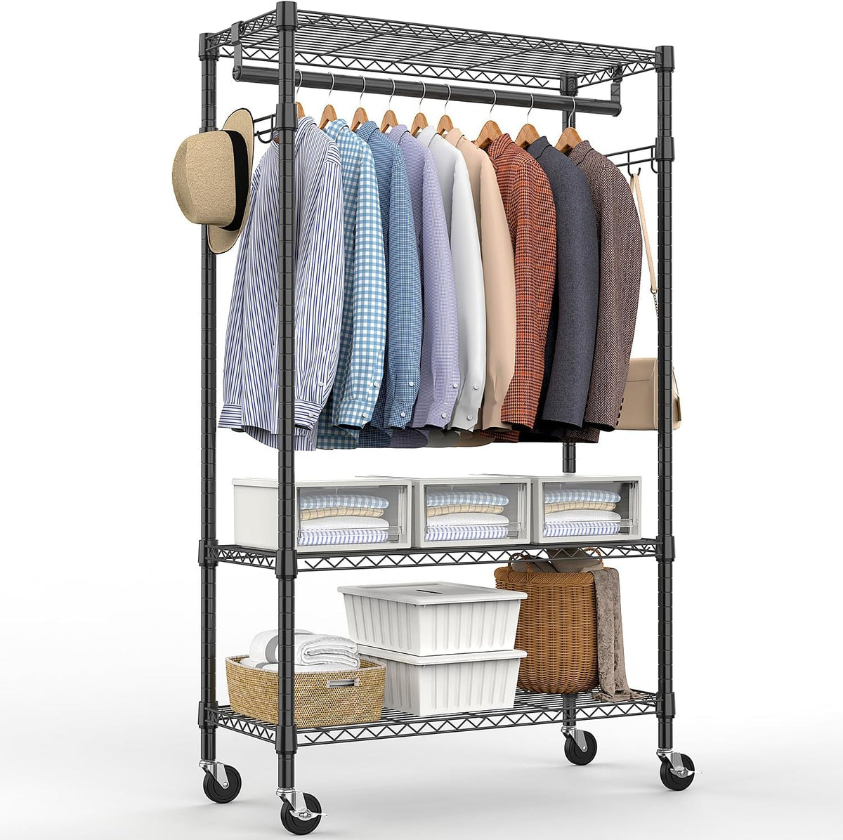 Heavy Duty Rolling Garment Rack 3 Tiers Adjustable Wire Shelving Clothes Rack with Rods and Side Hooks,Storage Closet Clothing Rack with Wheels Black 15.7" D x 29.5" W x 74.5" H
