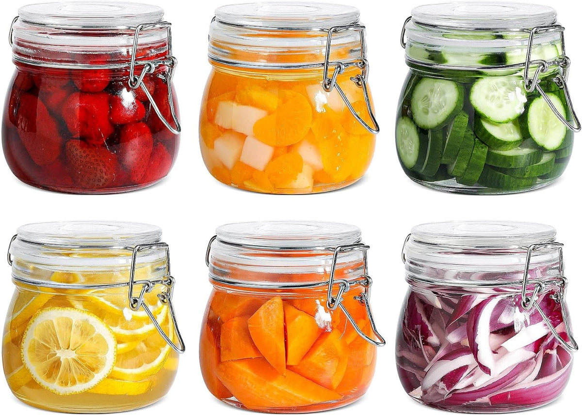 ComSaf Airtight Glass Canister Set of 6 with Lids 17oz Food Storage Jar Round - Storage Container with Clear Preserving Seal Wire Clip Fastening for Kitchen Canning Cereal,Pasta,Sugar,Beans,Spice