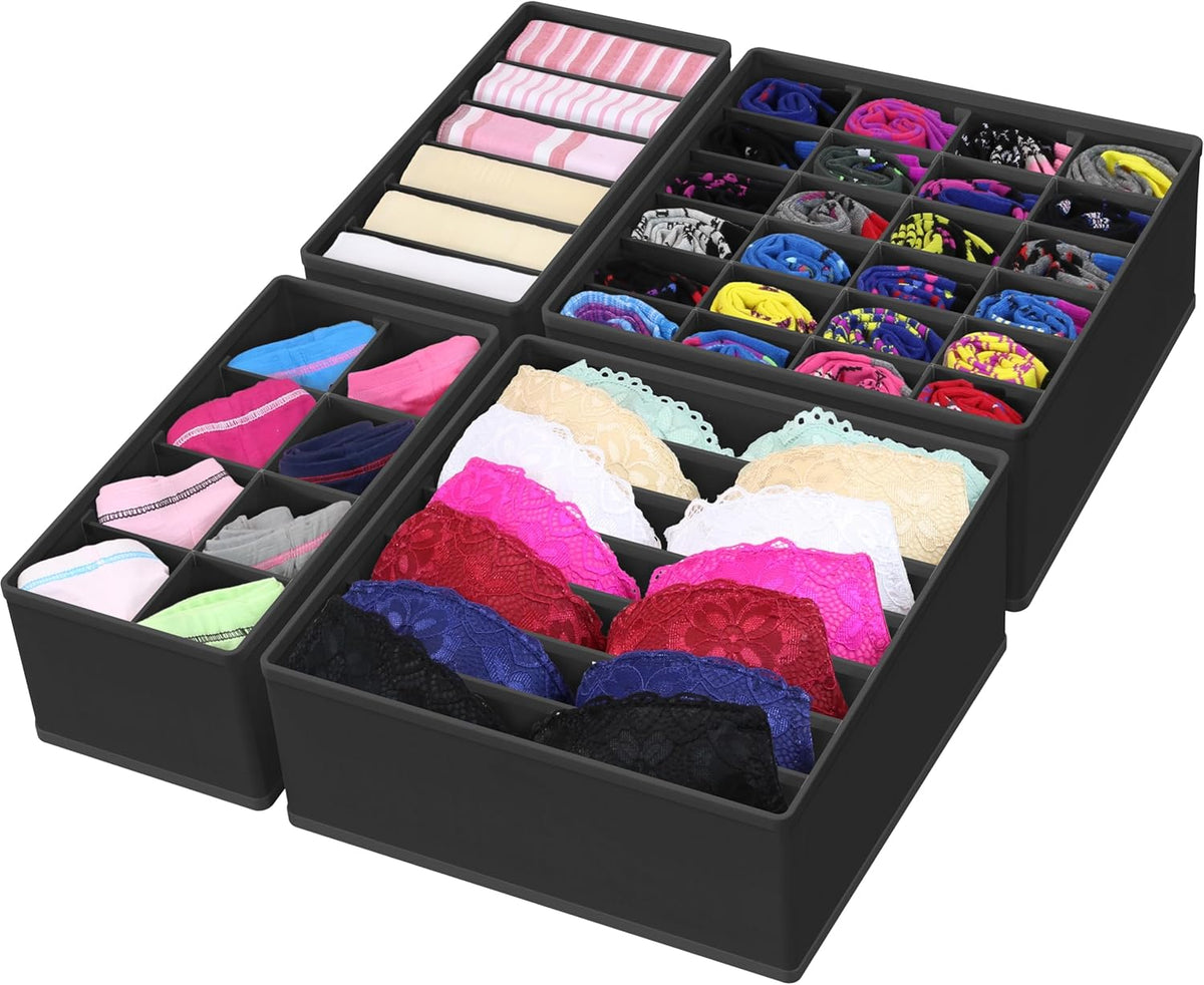 Simple Houseware 4-Pack Drawer Organizer Set - Closet Dividers for Underwear, Socks, Bras, Scarves, Ties - Foldable Non-Woven Storage Boxes, Black