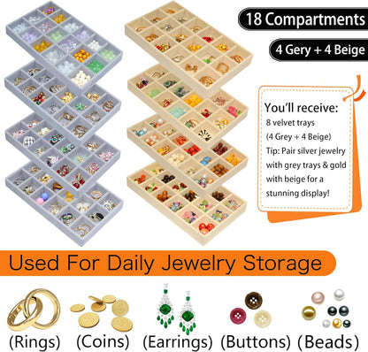 8 Pack Stackable Jewelry Organizer Tray Earring Holder Organizer Case Velvet Jewelrry Storage Drawer Insert Earring Stacking Trays for Dresser 144 Grids (4 Pack Beige,4 Pack Grey)