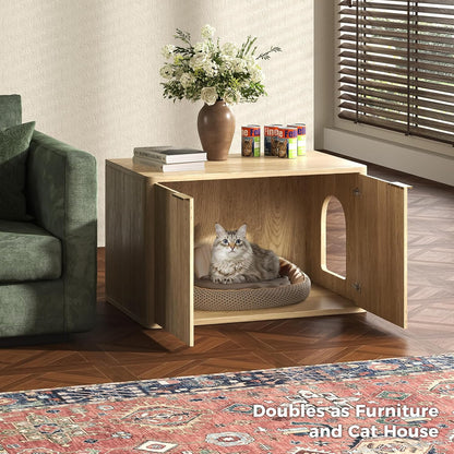31.5" Oak Cat Litter Box Enclosure Furniture, Large Decorative Hidden Litter Box Cabinet, Fluted Modern Bohemia Kitty End Table for Living Rooms, Entryways, or Bedrooms
