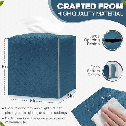 Tissue Box Cover Holder, PU Leather Tissue Box Cover with Braided Pattern, Square Tissue Holder with Bottom Belt, Modern Organizer for Bathroom, Car, Office, Tabletop (Ink Blue, 12 Braided Patterns)