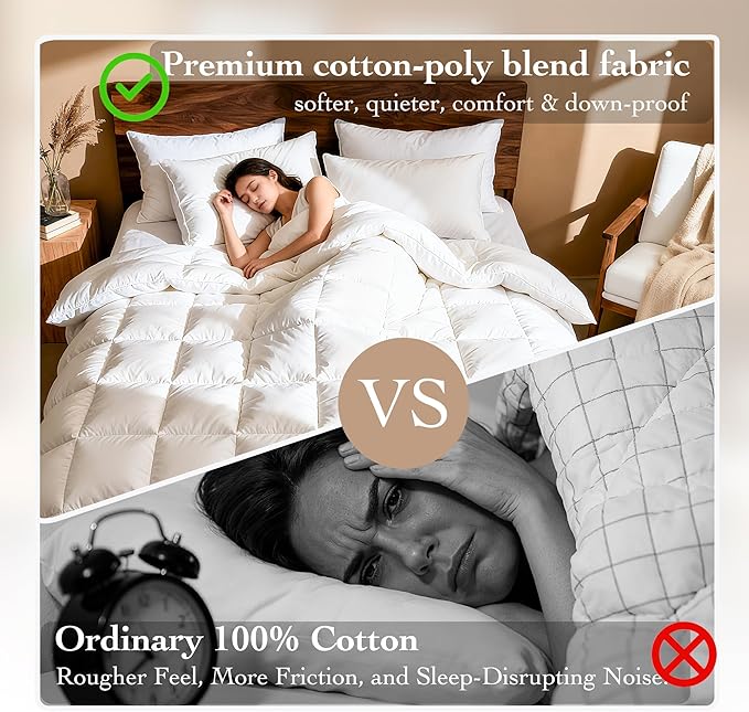Goose Down Fiber Comforter Queen Size – All Season Naturally Breathable Down Comforters, Luxury Hotel Collection Duvet Insert with 8 Corner Tabs, Cotton Fabric & Baffle Box (White,50oz Fill)