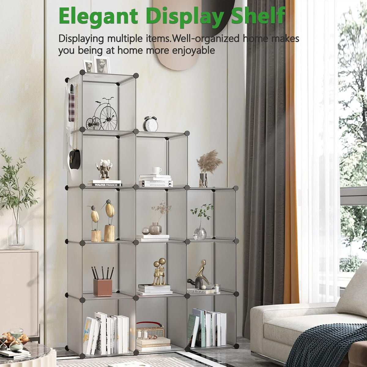 C&AHOME Cube Storage Organizer, 12-Cube Shelves Units, Closet Cabinet, DIY Plastic Modular Book Shelf, Ideal for Bedroom, Living Room, Office, 36.6" L x 12.4" W x 48.4" H Grey UPCS12G
