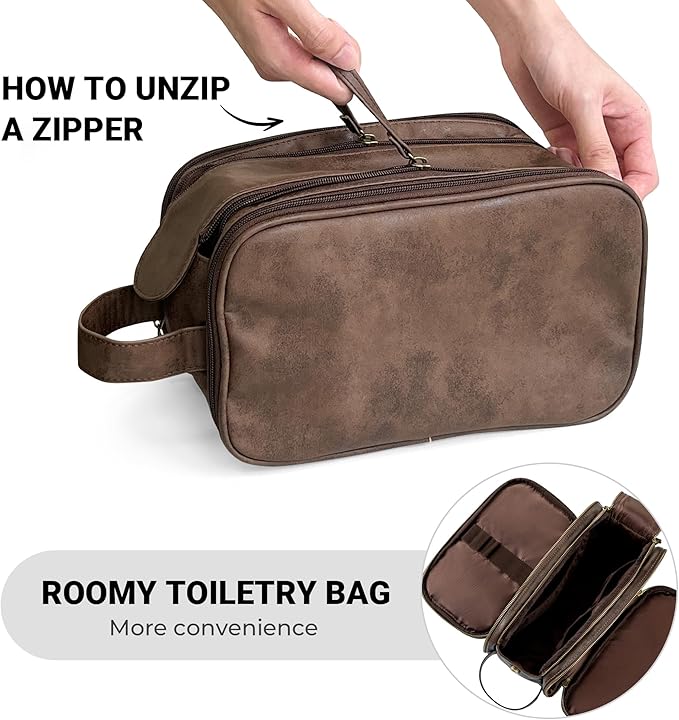 Elviros Toiletry Bag for Men, Large Travel Shaving Dopp Kit Water-resistant Bathroom Toiletries Organizer PU Leather Cosmetic Bags Fathers Day Gift (Medium, Chocolate)