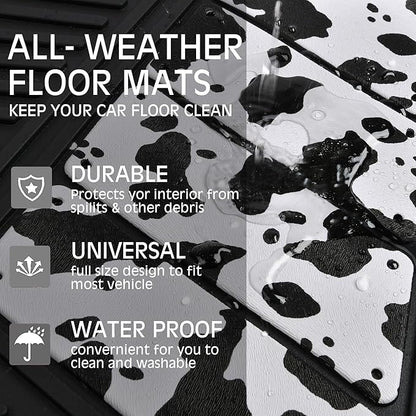 CAR PASS Heavy Duty Rubber Floor Mats Cow Print Car Mats 4-Piece Car Mat Set - Universal Waterproof Floor Mats for Car SUV Truck, Durable All-Weather Mats