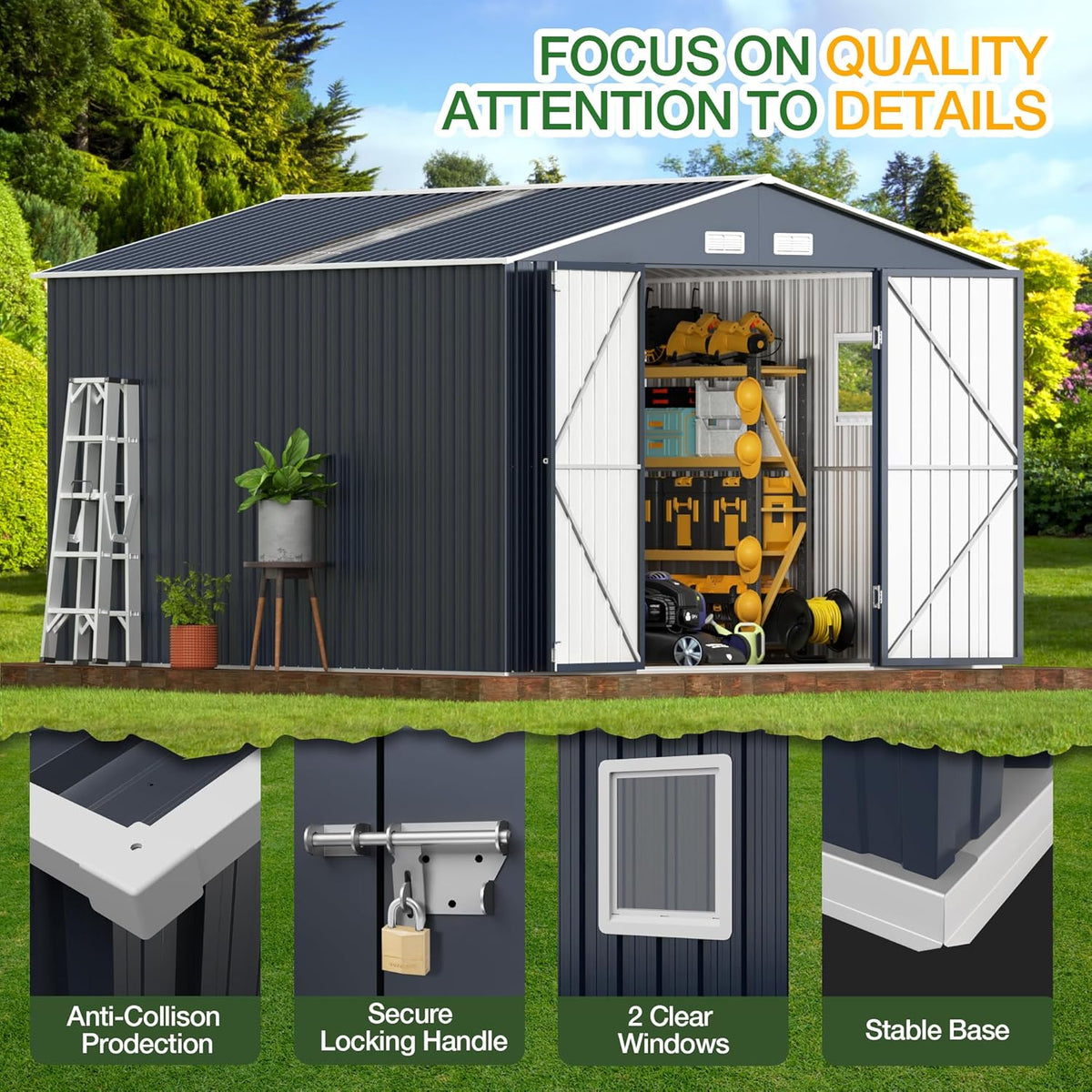 Outdoor Storage Shed 10X12FT with Frame Floor,Utility Tool Shed Metal Storage Garden Shed with Lockable Doors & Windows for Patio Storage, Midnight Blue