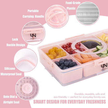 Snackle Box Container - 10 Compartments Including 2 XL, Dishwasher & Microwave Safe, Divided Serving Tray with Lid and Handle, BPA-Free, snack box (1 PCS, Pink, 1 Box with 2 XL Compartments)