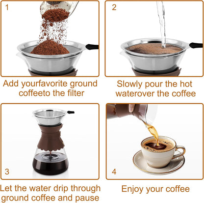34oz Pour Over Coffee Maker with Double Layer Stainless Steel Filter, Borosilicate Glass Dripper, Detachable Heat-Resistant Leather Pad 7-8 Cups Coffee Maker Carafe（Dark brown）